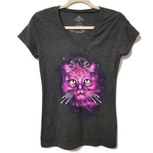 Captain Marvel Goose The Cat Galaxy Astrology V-neck Graphic Tee Gray Size Small